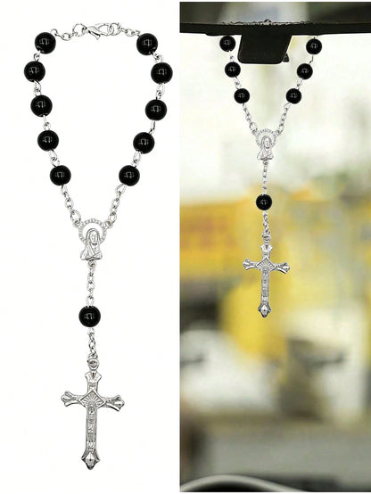 Black Rose Cross Rearview Mirror Hanging Ornament- Exquisite Beaded Decoration Car Interior Decor- Prayer Travel Pendant Unisex- Perfect Gift For Him/Her