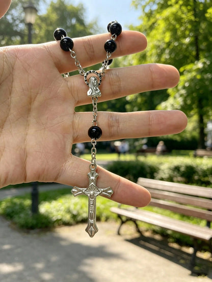 Black Rose Cross Rearview Mirror Hanging Ornament- Exquisite Beaded Decoration Car Interior Decor- Prayer Travel Pendant Unisex- Perfect Gift For Him/Her