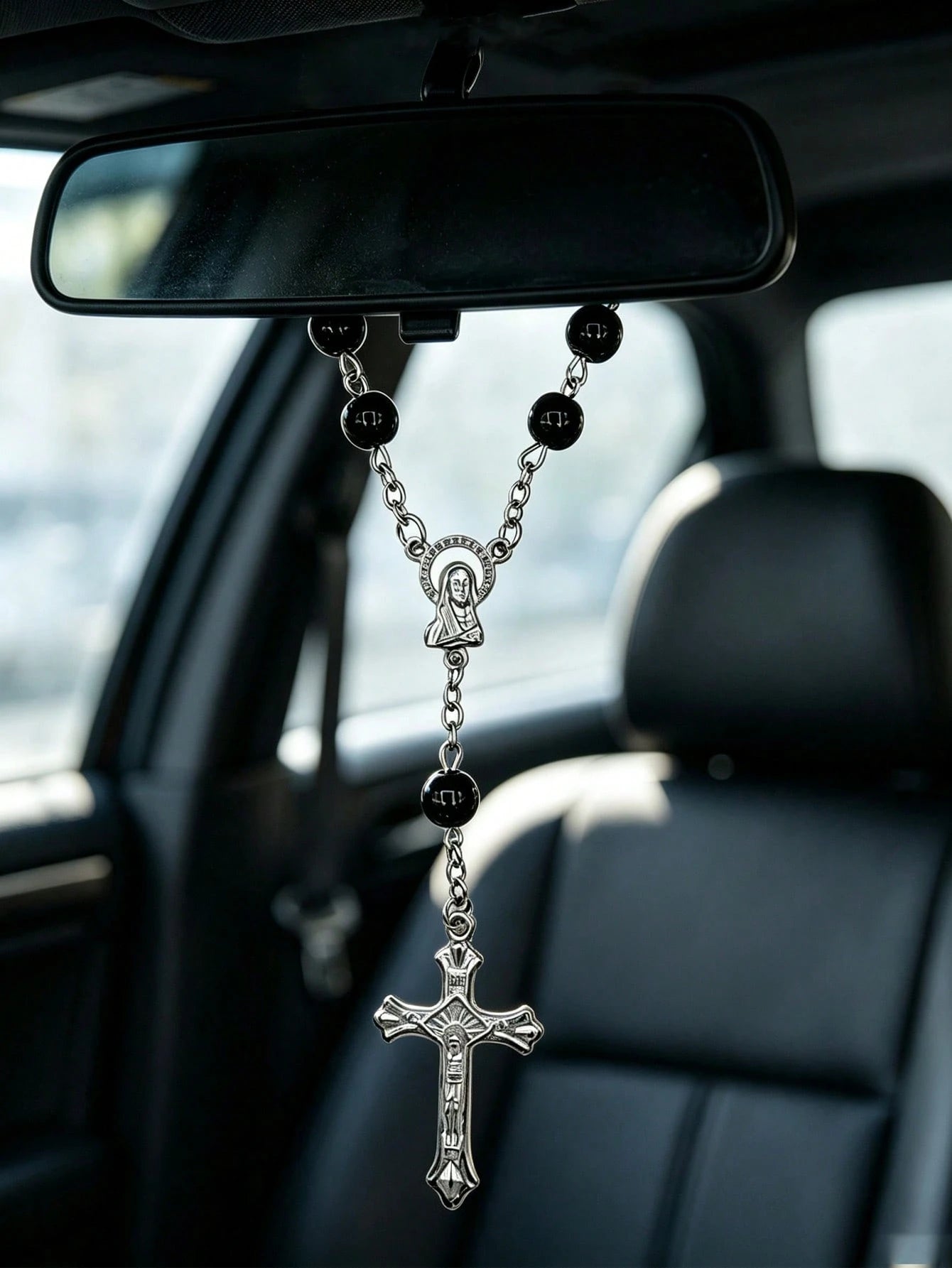 Black Rose Cross Rearview Mirror Hanging Ornament- Exquisite Beaded Decoration Car Interior Decor- Prayer Travel Pendant Unisex- Perfect Gift For Him/Her