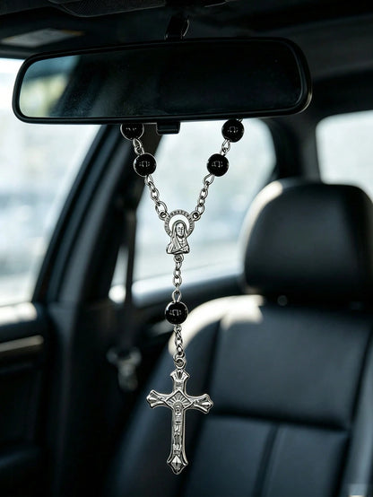 Black Rose Cross Rearview Mirror Hanging Ornament- Exquisite Beaded Decoration Car Interior Decor- Prayer Travel Pendant Unisex- Perfect Gift For Him/Her