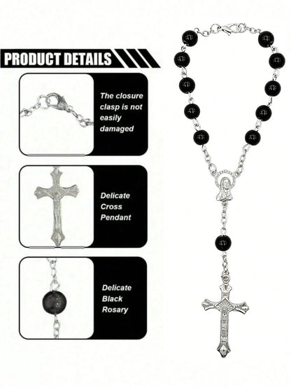 Black Rose Cross Rearview Mirror Hanging Ornament- Exquisite Beaded Decoration Car Interior Decor- Prayer Travel Pendant Unisex- Perfect Gift For Him/Her