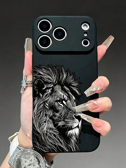 Black Sketch Lion Head Print Phone Case, Compatible With 11/12/13/14/15/16/17 Pro Max/Plus/Air/Pro, Minimalist Matte Anti-Drop Soft Shell, Wildlife Art Design, Perfect Gift For Men, Women And Animal L