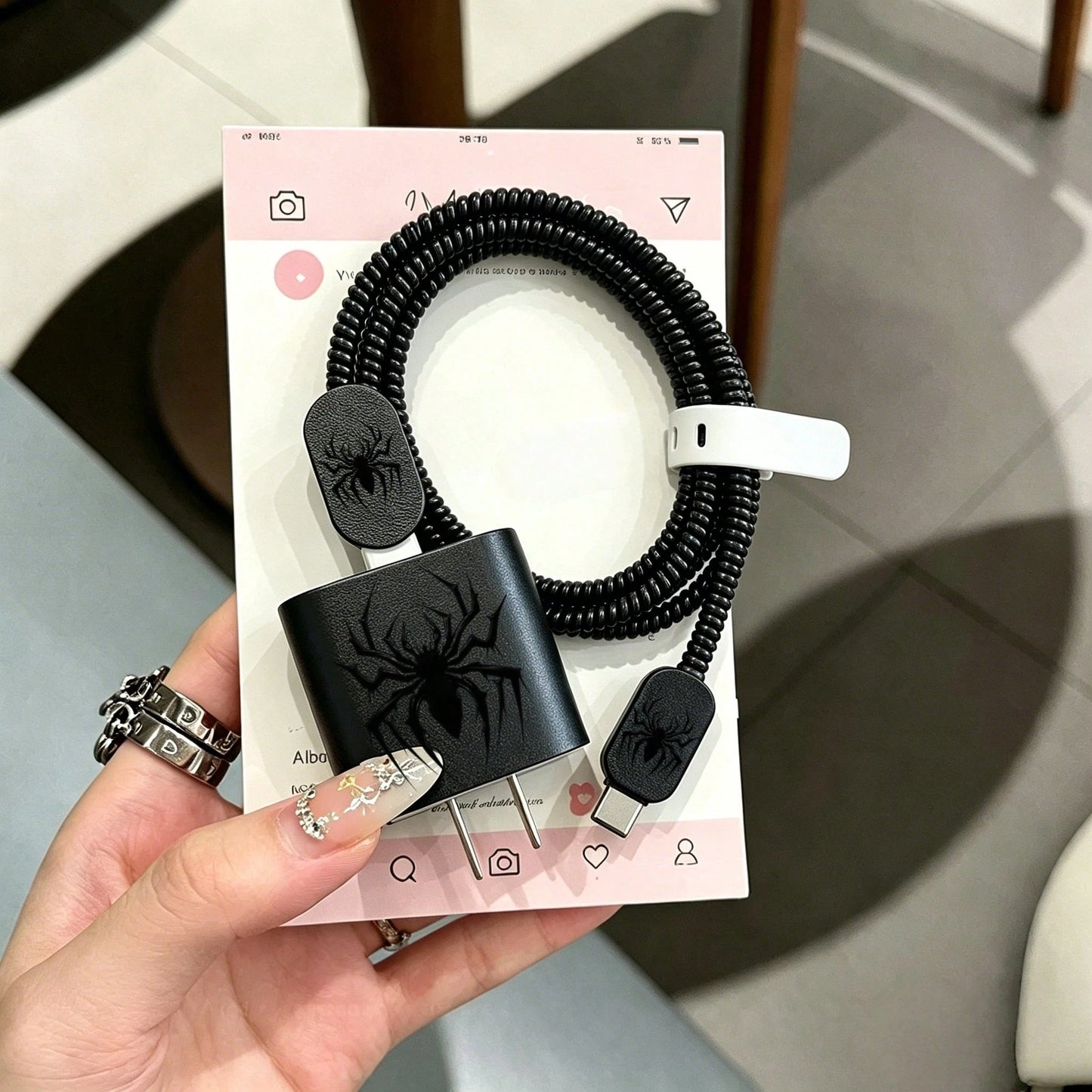 Black Spider Leather Charger Protective Case Compatible With Apple Fast Charger 18-20W, Minimalist Ins Style, UV Painted Craft, Anti-Breakage, Essential Gift, Premium Feel, Extends Charger Lifespan, A