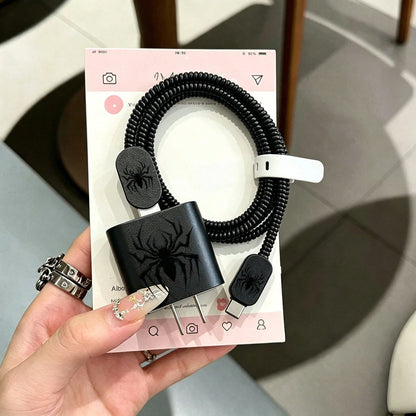 Black Spider Leather Charger Protective Case Compatible With Apple Fast Charger 18-20W, Minimalist Ins Style, UV Painted Craft, Anti-Breakage, Essential Gift, Premium Feel, Extends Charger Lifespan, A