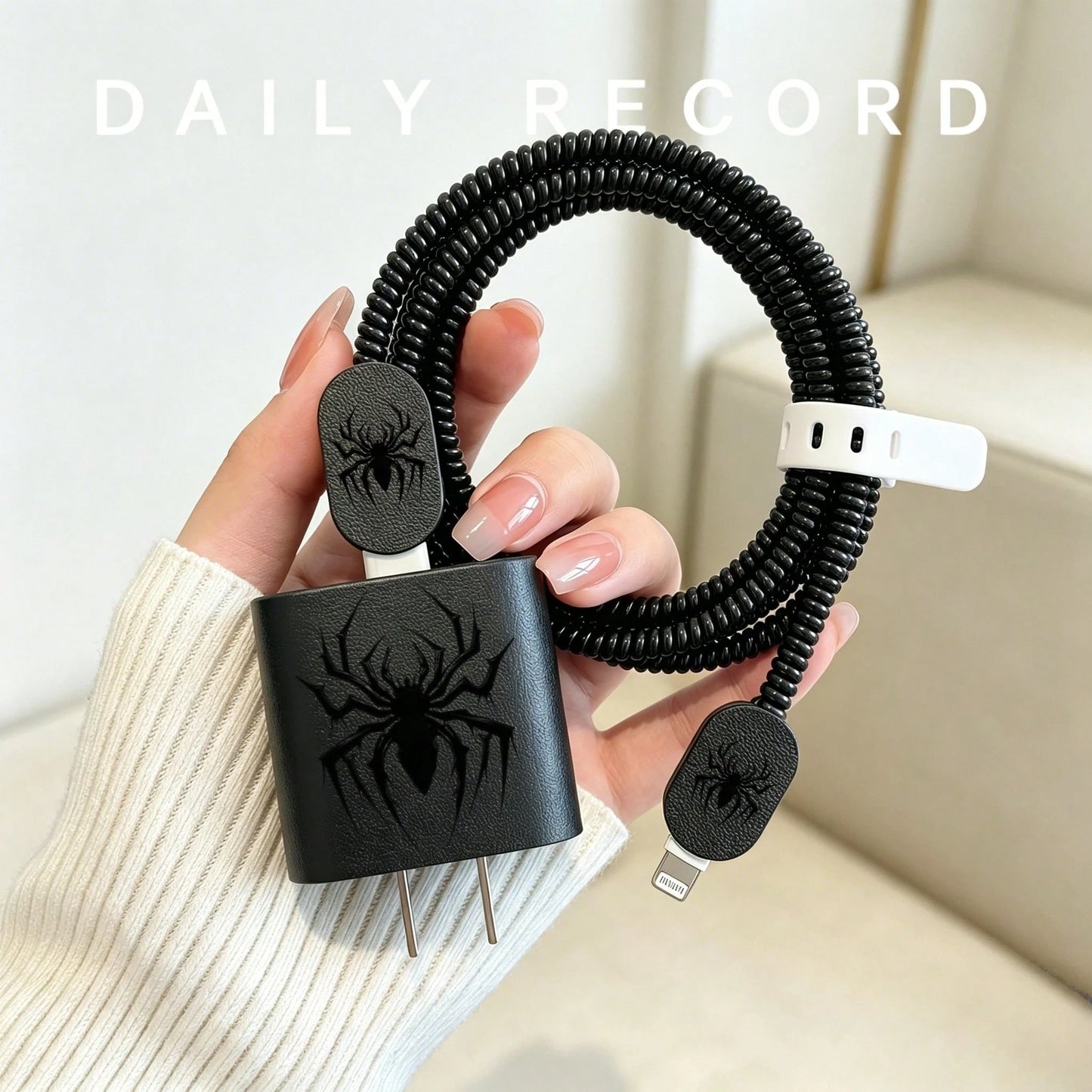 Black Spider Leather Charger Protective Case Compatible With Apple Fast Charger 18-20W, Minimalist Ins Style, UV Painted Craft, Anti-Breakage, Essential Gift, Premium Feel, Extends Charger Lifespan, A