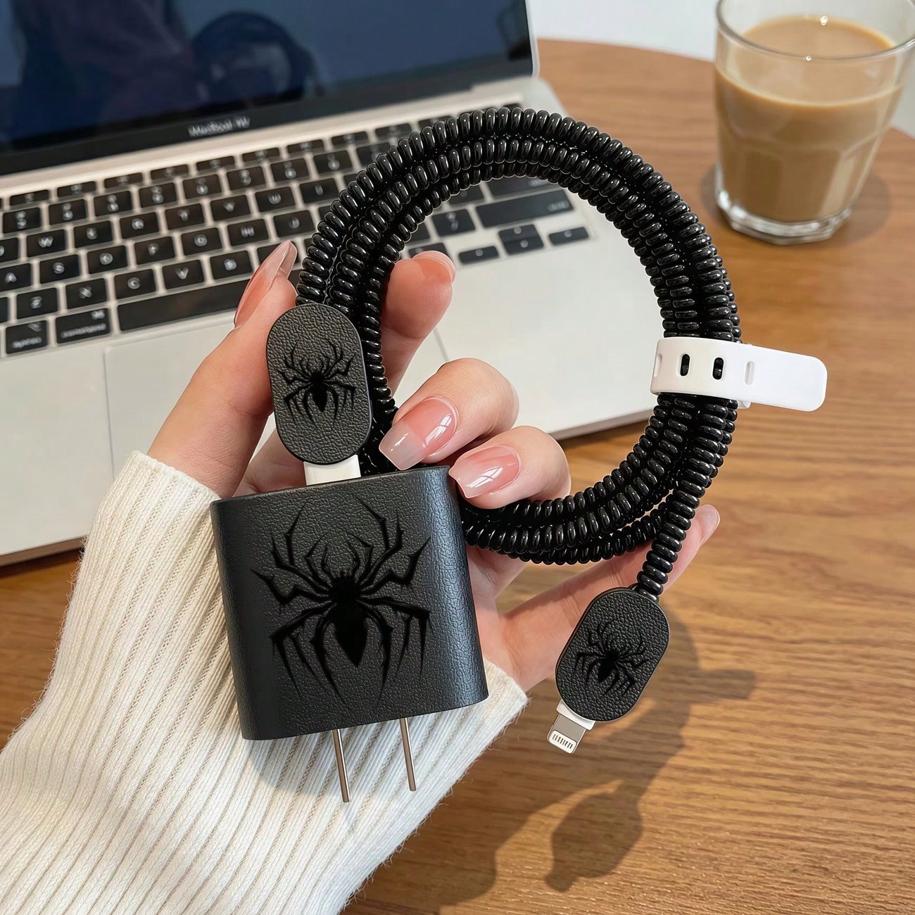 Black Spider Leather Charger Protective Case Compatible With Apple Fast Charger 18-20W, Minimalist Ins Style, UV Painted Craft, Anti-Breakage, Essential Gift, Premium Feel, Extends Charger Lifespan, A