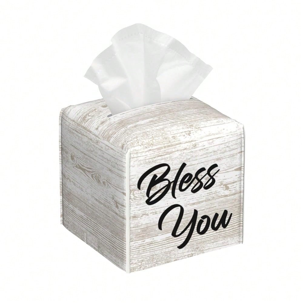 Bless You Tissue Box Cover Square, Wooden Board Texture Tissue Box Holder Waterproof Leather Facial Paper Organizer Dispenser For Bathr