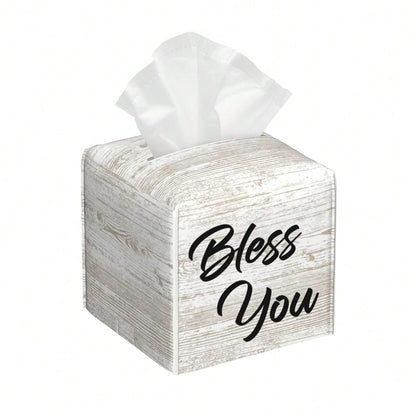 Bless You Tissue Box Cover Square, Wooden Board Texture Tissue Box Holder Waterproof Leather Facial Paper Organizer Dispenser For Bathr
