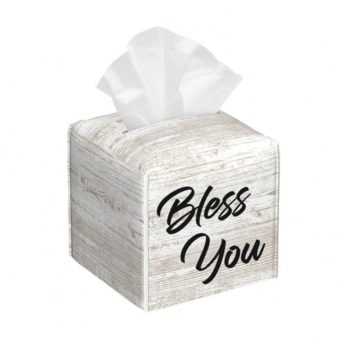 Bless You Tissue Box Cover Square, Wooden Board Texture Tissue Box Holder Waterproof Leather Facial Paper Organizer Dispenser For Bathr