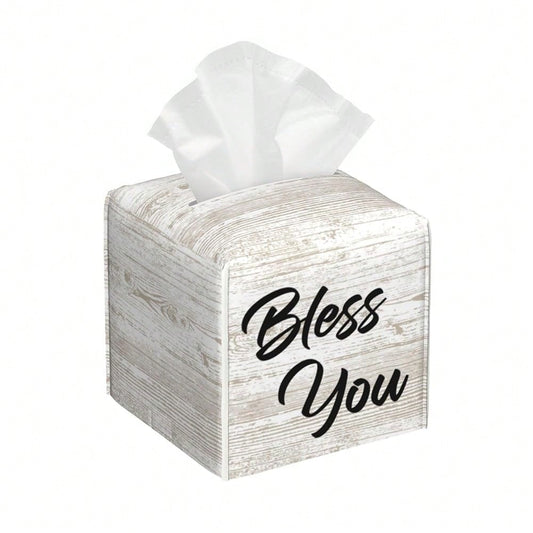 Bless You Tissue Box Cover Square, Wooden Board Texture Tissue Box Holder Waterproof Leather Facial Paper Organizer Dispenser For Bathr