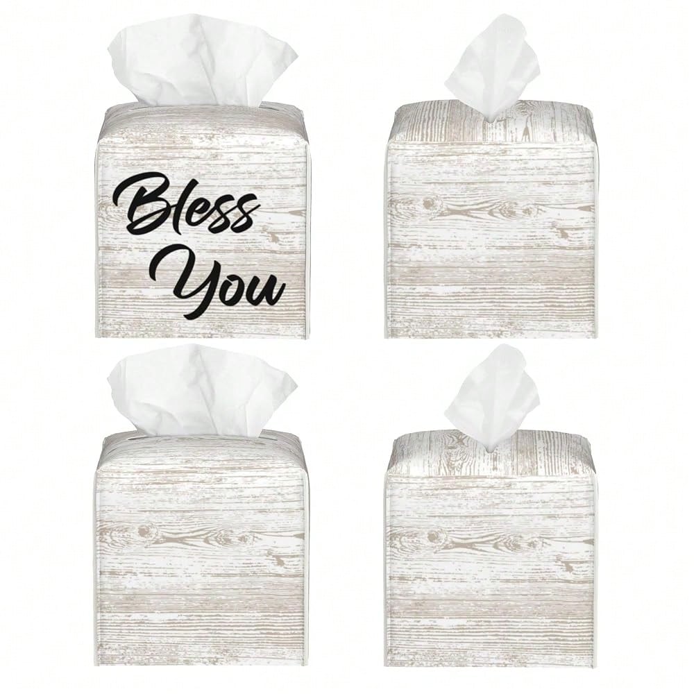 Bless You Tissue Box Cover Square, Wooden Board Texture Tissue Box Holder Waterproof Leather Facial Paper Organizer Dispenser For Bathr