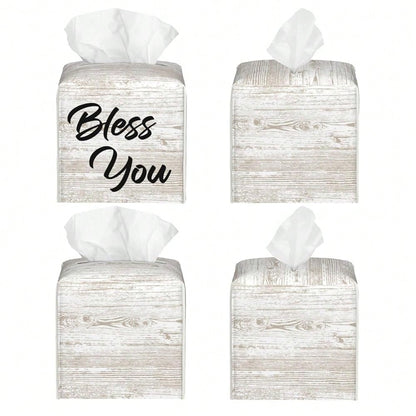 Bless You Tissue Box Cover Square, Wooden Board Texture Tissue Box Holder Waterproof Leather Facial Paper Organizer Dispenser For Bathr