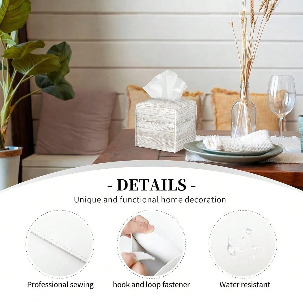 Bless You Tissue Box Cover Square, Wooden Board Texture Tissue Box Holder Waterproof Leather Facial Paper Organizer Dispenser For Bathr