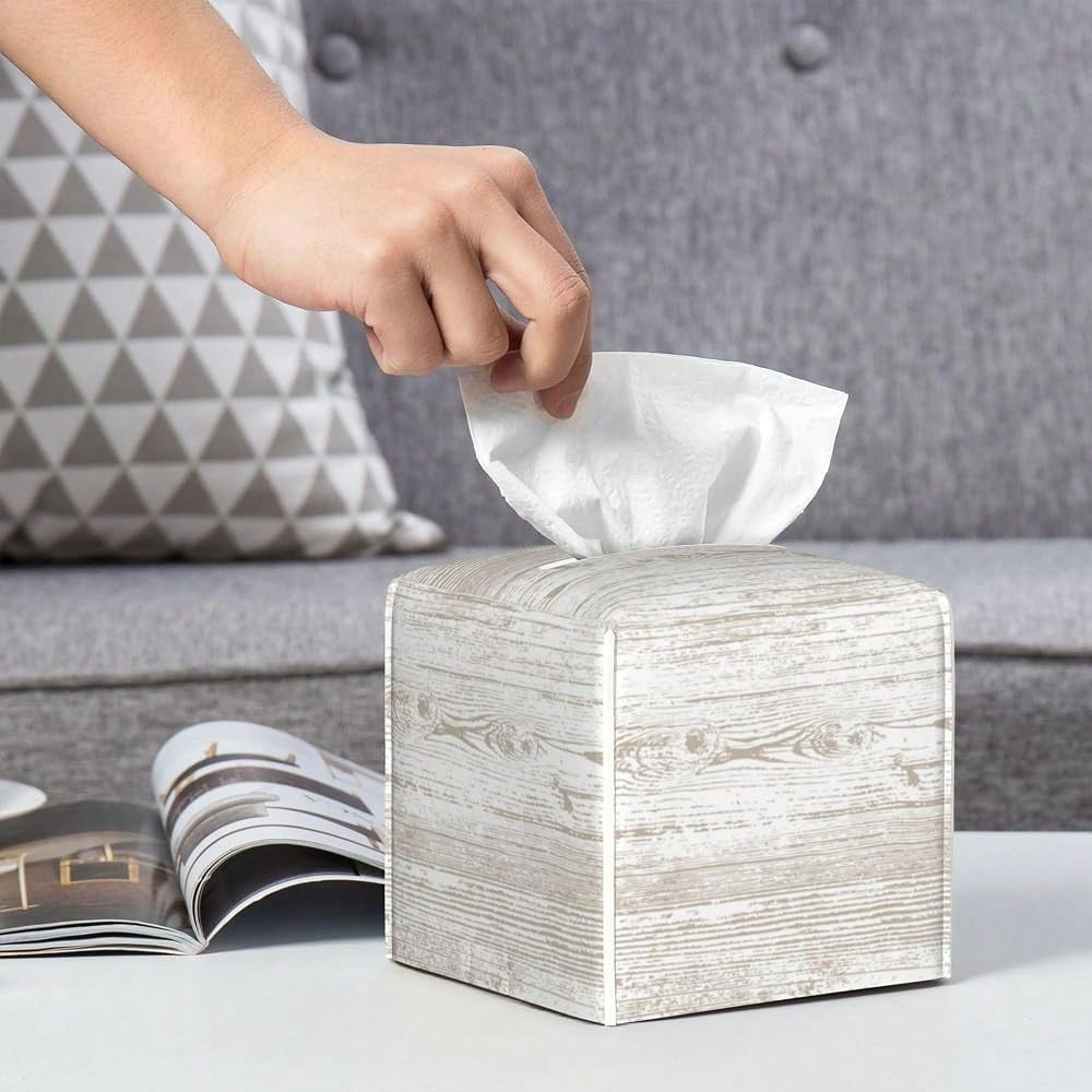 Bless You Tissue Box Cover Square, Wooden Board Texture Tissue Box Holder Waterproof Leather Facial Paper Organizer Dispenser For Bathr