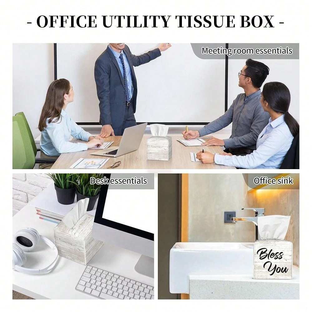 Bless You Tissue Box Cover Square, Wooden Board Texture Tissue Box Holder Waterproof Leather Facial Paper Organizer Dispenser For Bathr