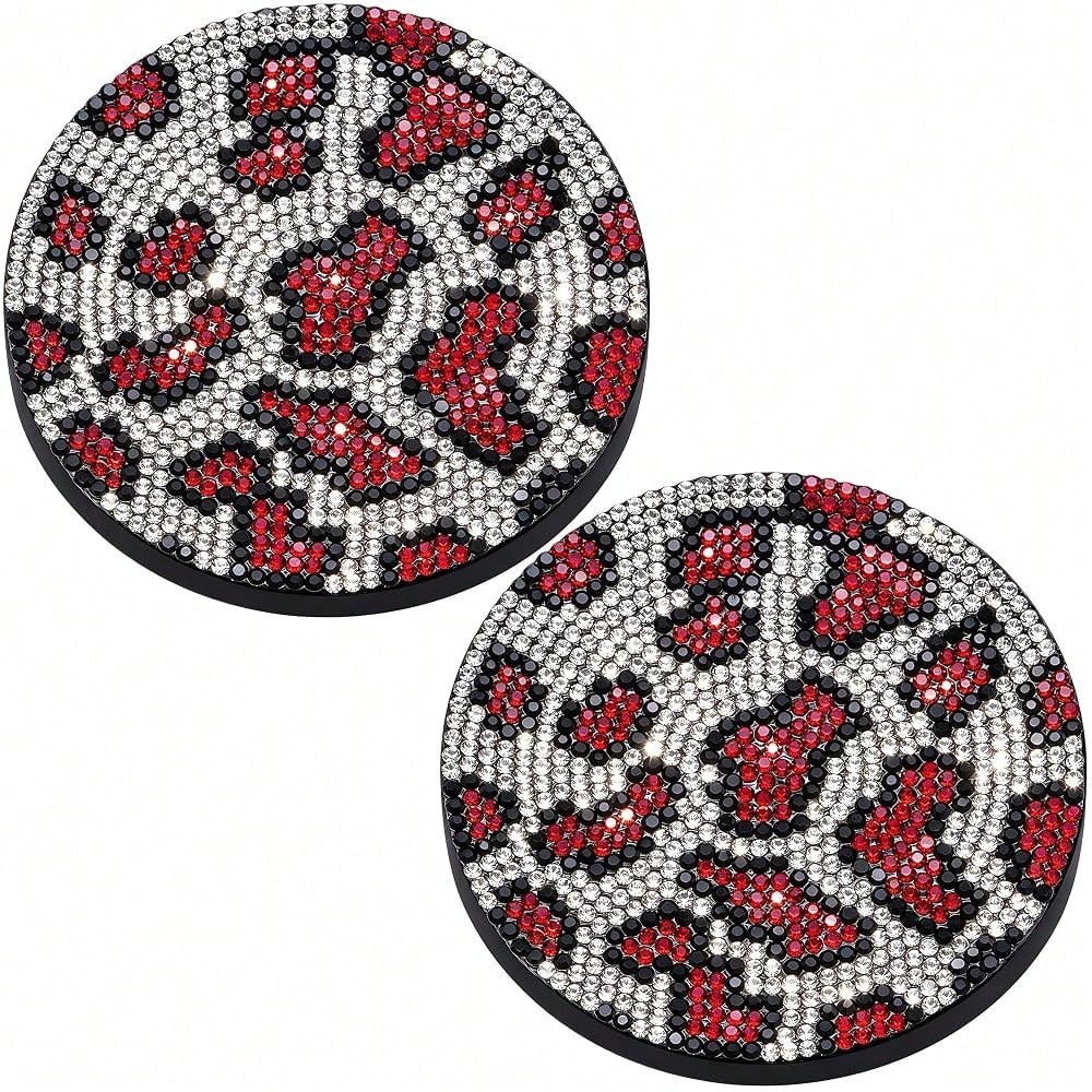 Bling Leopard Car Cup Holder Coaster, Universal Auto Non-Slip Coaster, 2.75 Inch Recessed Rubber Mat, Traps Spills & Dust, Easy Clean