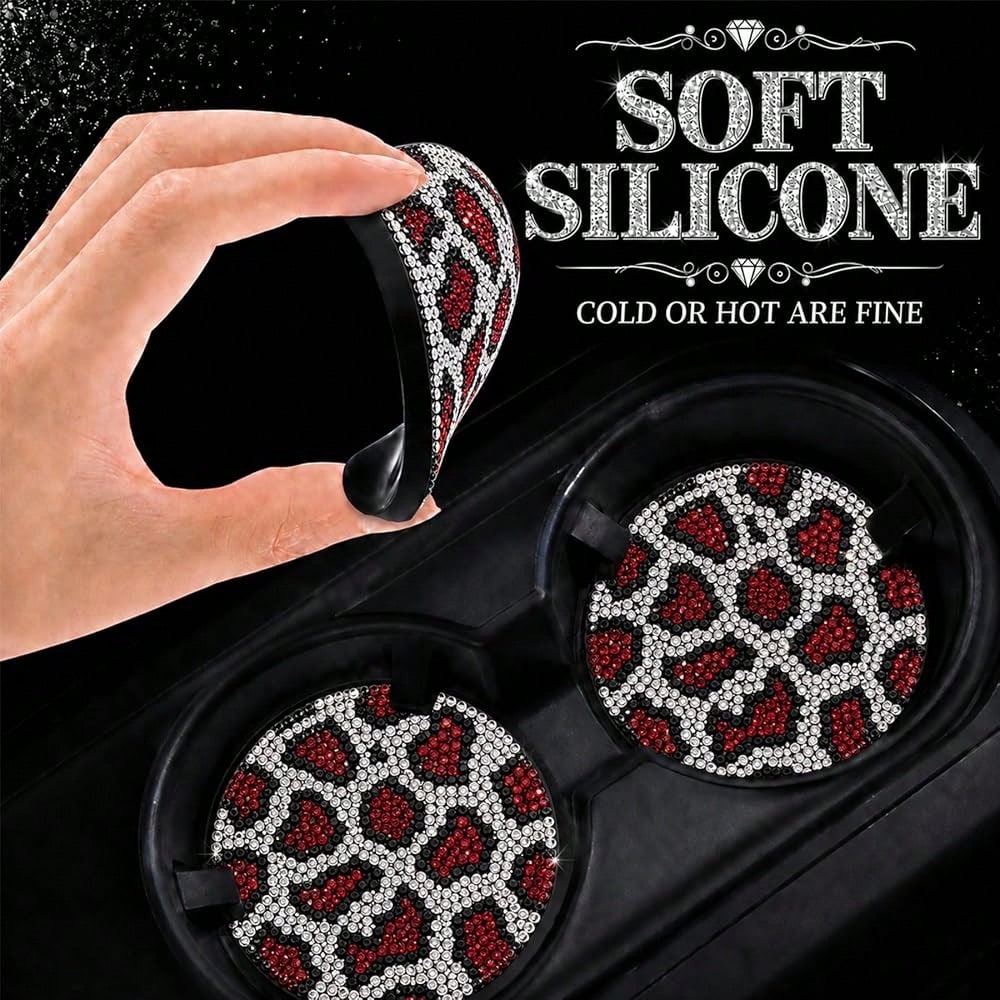 Bling Leopard Car Cup Holder Coaster, Universal Auto Non-Slip Coaster, 2.75 Inch Recessed Rubber Mat, Traps Spills & Dust, Easy Clean