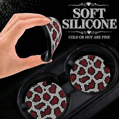 Bling Leopard Car Cup Holder Coaster, Universal Auto Non-Slip Coaster, 2.75 Inch Recessed Rubber Mat, Traps Spills & Dust, Easy Clean