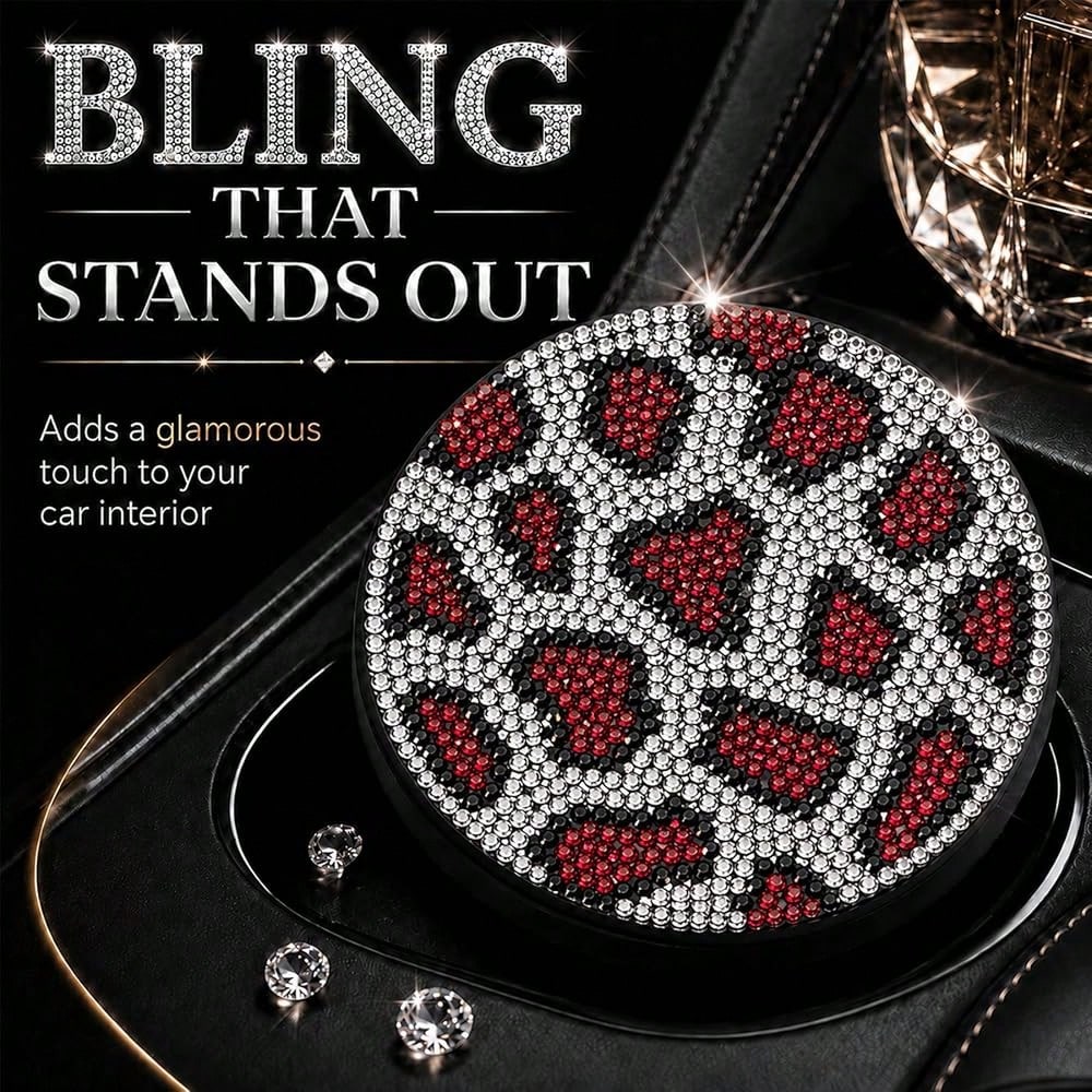 Bling Leopard Car Cup Holder Coaster, Universal Auto Non-Slip Coaster, 2.75 Inch Recessed Rubber Mat, Traps Spills & Dust, Easy Clean