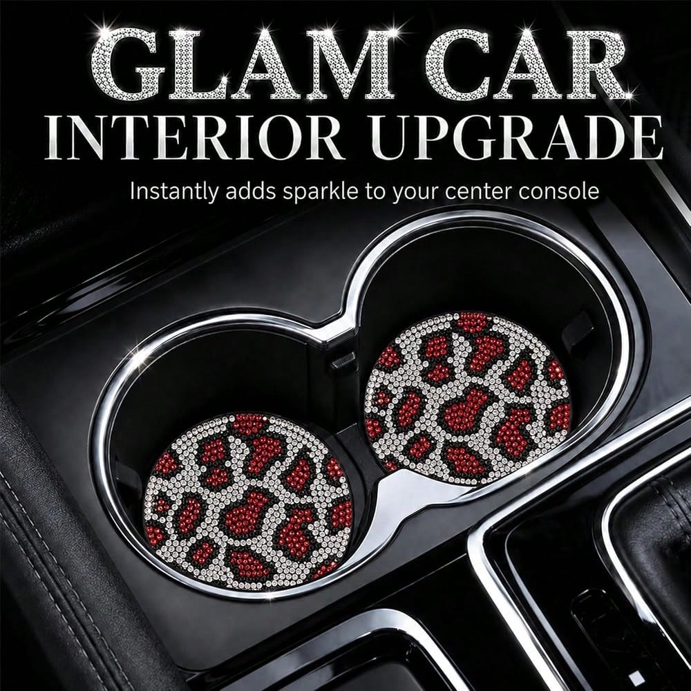 Bling Leopard Car Cup Holder Coaster, Universal Auto Non-Slip Coaster, 2.75 Inch Recessed Rubber Mat, Traps Spills & Dust, Easy Clean