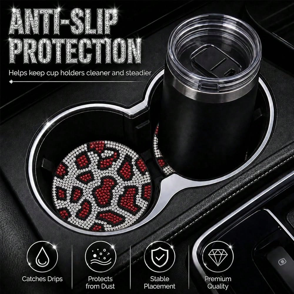 Bling Leopard Car Cup Holder Coaster, Universal Auto Non-Slip Coaster, 2.75 Inch Recessed Rubber Mat, Traps Spills & Dust, Easy Clean