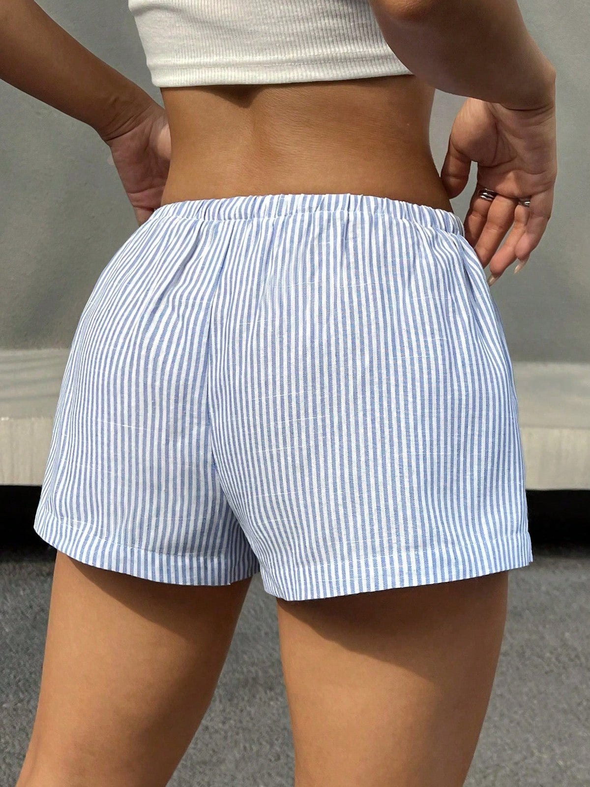 Blue And White Vertical Striped Waist Drawstring Elastic Waist Casual Shorts. Refreshing And Versatile Hot Pants For Summer Beach Vacation And Home., Coastal Style