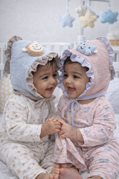 Blue Beige Kradyl Kroft Baby Caps Set of 2 with Soft Toy Embellishment