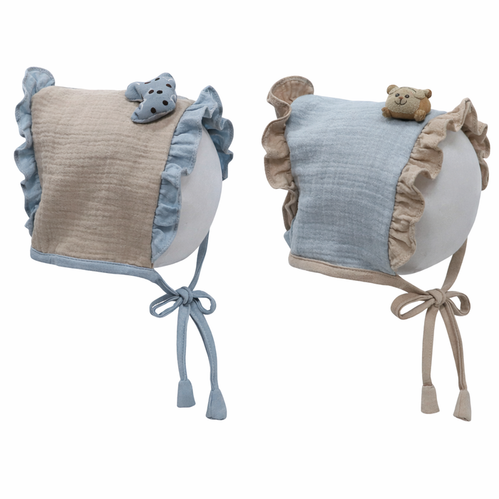 Blue Beige Kradyl Kroft Baby Caps Set of 2 with Soft Toy Embellishment