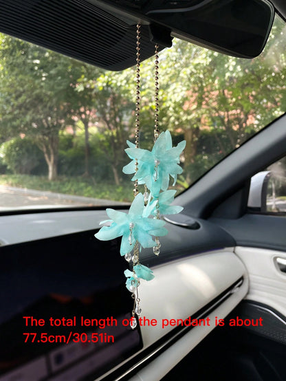 Blue Tassel Flower Car Rearview Mirror Hanging Ornament, Creative Car Interior Decoration Pendant