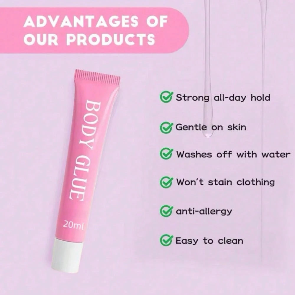 Body Adhesive Body Glue, Sweat & Water Resistant Outfit Fixing Glue, Stain‑Free Easy Clean With Soap & Water