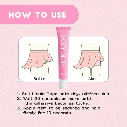 Body Adhesive Body Glue, Sweat & Water Resistant Outfit Fixing Glue, Stain‑Free Easy Clean With Soap & Water