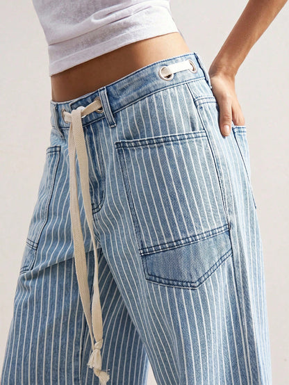 Bohemela BOHO Vacation Casual Woven Denim Striped Loose Women Pants