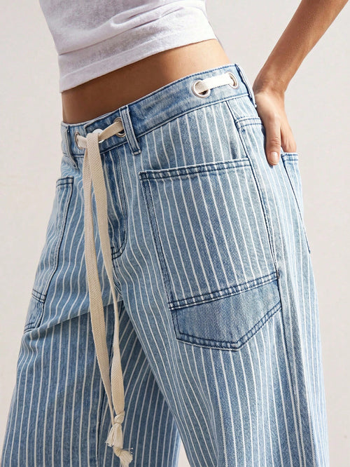 Bohemela BOHO Vacation Casual Woven Denim Striped Loose Women Pants