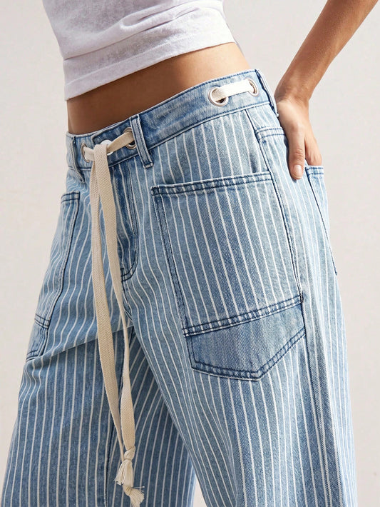 Bohemela BOHO Vacation Casual Woven Denim Striped Loose Women Pants