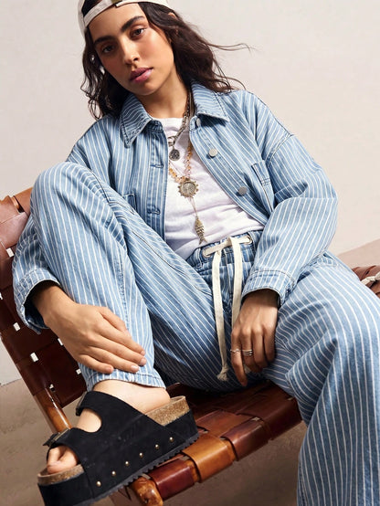 Bohemela BOHO Vacation Casual Woven Denim Striped Loose Women Pants