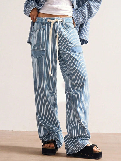 Bohemela BOHO Vacation Casual Woven Denim Striped Loose Women Pants