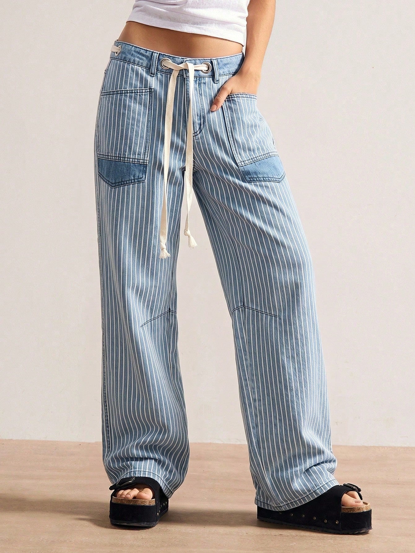 Bohemela BOHO Vacation Casual Woven Denim Striped Loose Women Pants