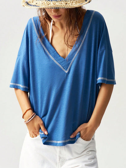 Bohemela Casual Business Casual Solid Color V-Neck Short Sleeve Loose Plus Size T-Shirt,Vintage Beach Vacation Light Blue Summer