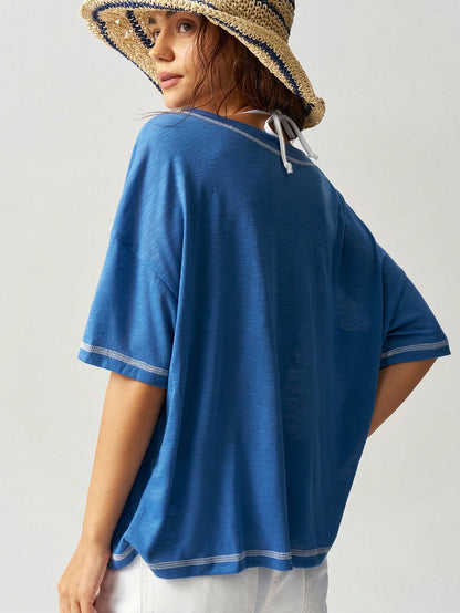 Bohemela Casual Business Casual Solid Color V-Neck Short Sleeve Loose Plus Size T-Shirt,Vintage Beach Vacation Light Blue Summer