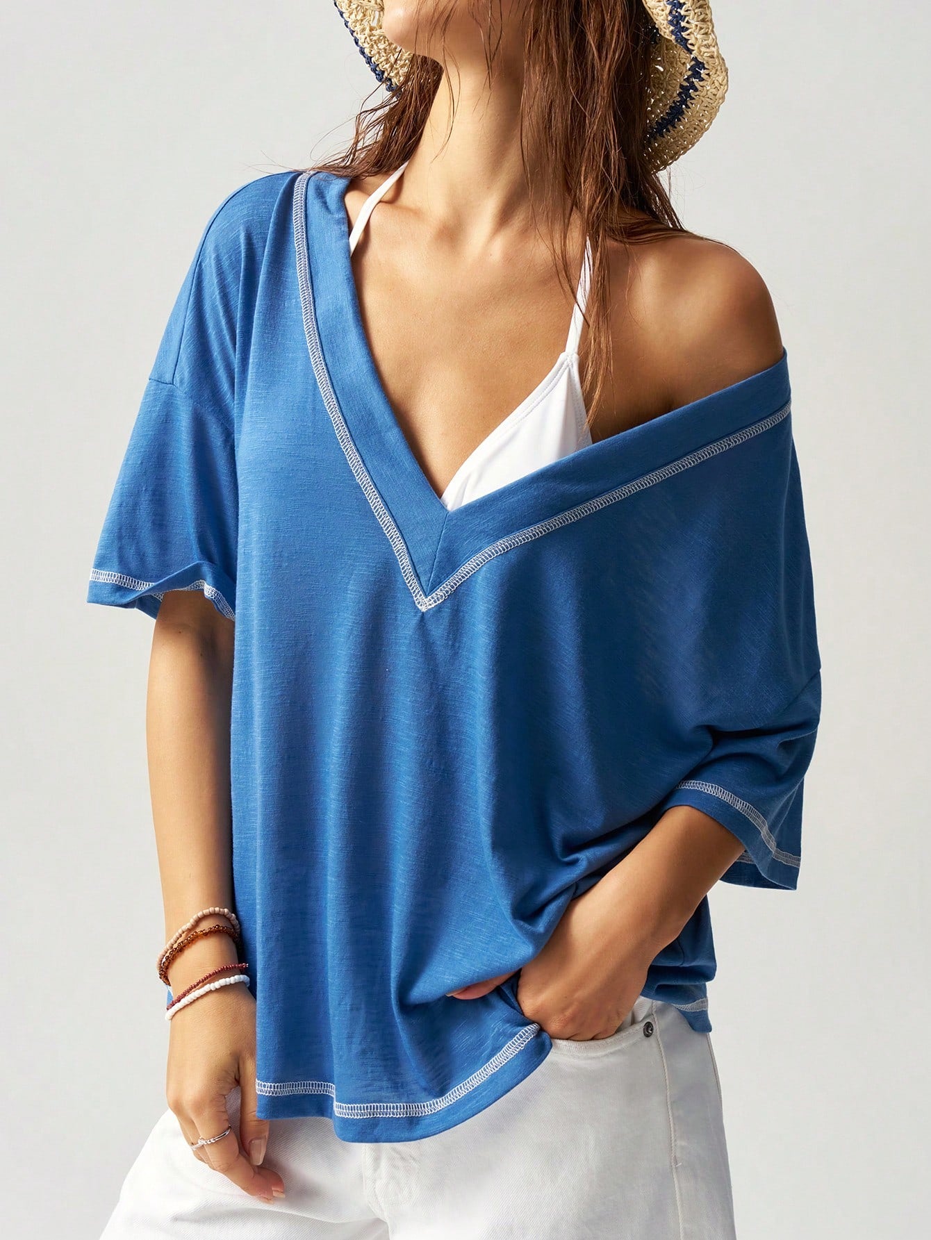 Bohemela Casual Business Casual Solid Color V-Neck Short Sleeve Loose Plus Size T-Shirt,Vintage Beach Vacation Light Blue Summer