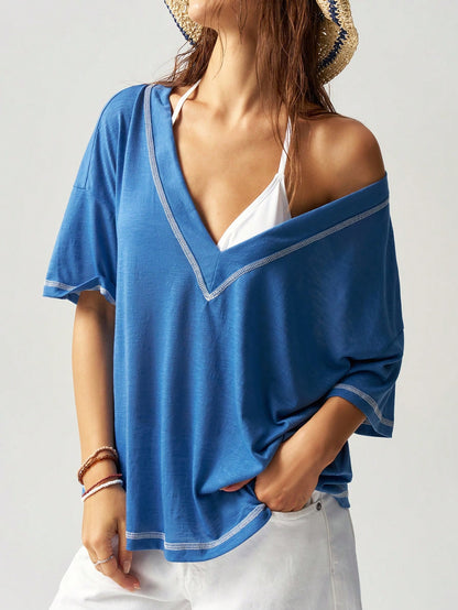 Bohemela Casual Business Casual Solid Color V-Neck Short Sleeve Loose Plus Size T-Shirt,Vintage Beach Vacation Light Blue Summer
