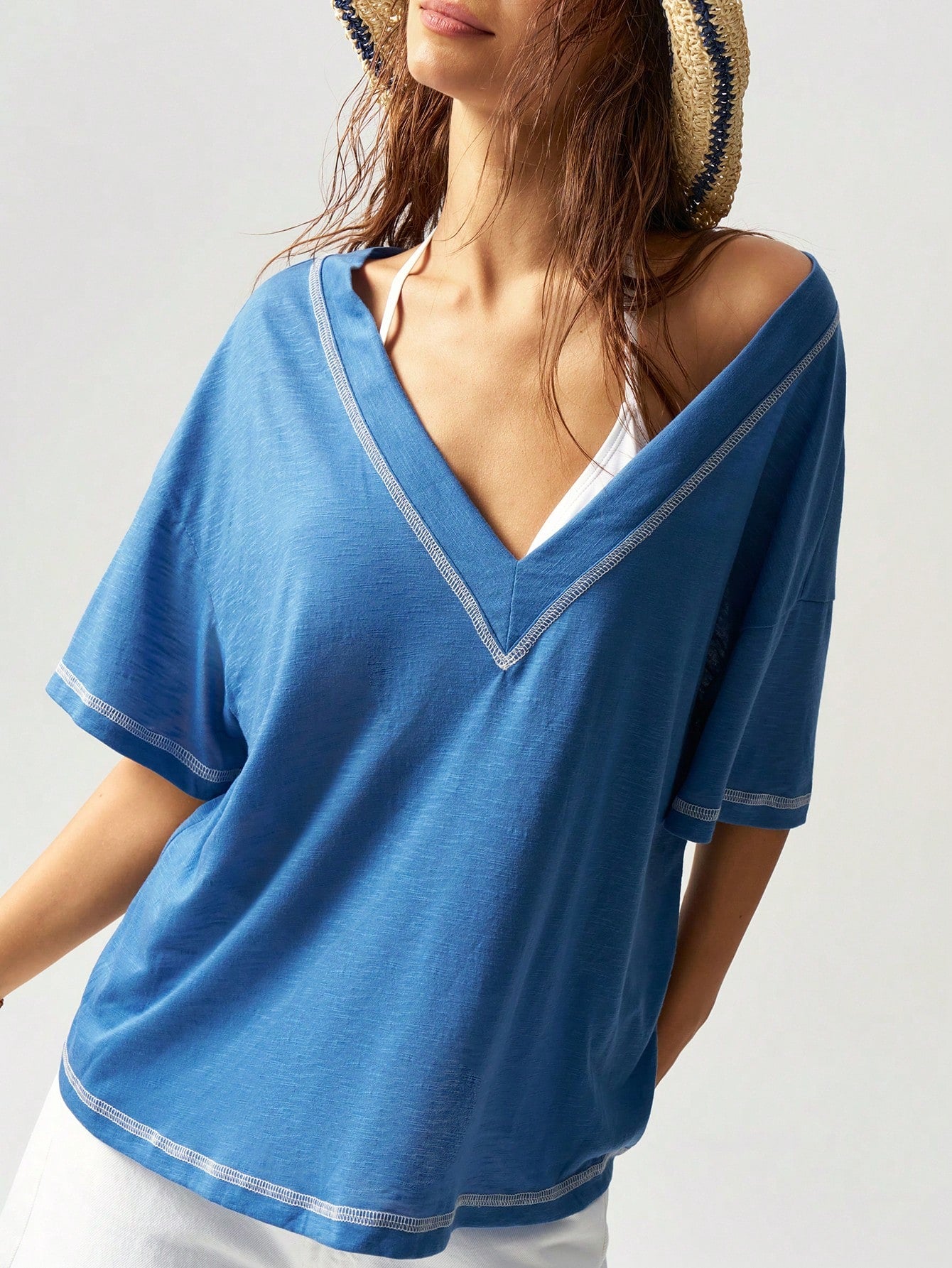 Bohemela Casual Business Casual Solid Color V-Neck Short Sleeve Loose Plus Size T-Shirt,Vintage Beach Vacation Light Blue Summer