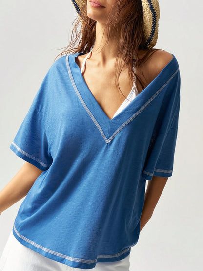 Bohemela Casual Business Casual Solid Color V-Neck Short Sleeve Loose Plus Size T-Shirt,Vintage Beach Vacation Light Blue Summer