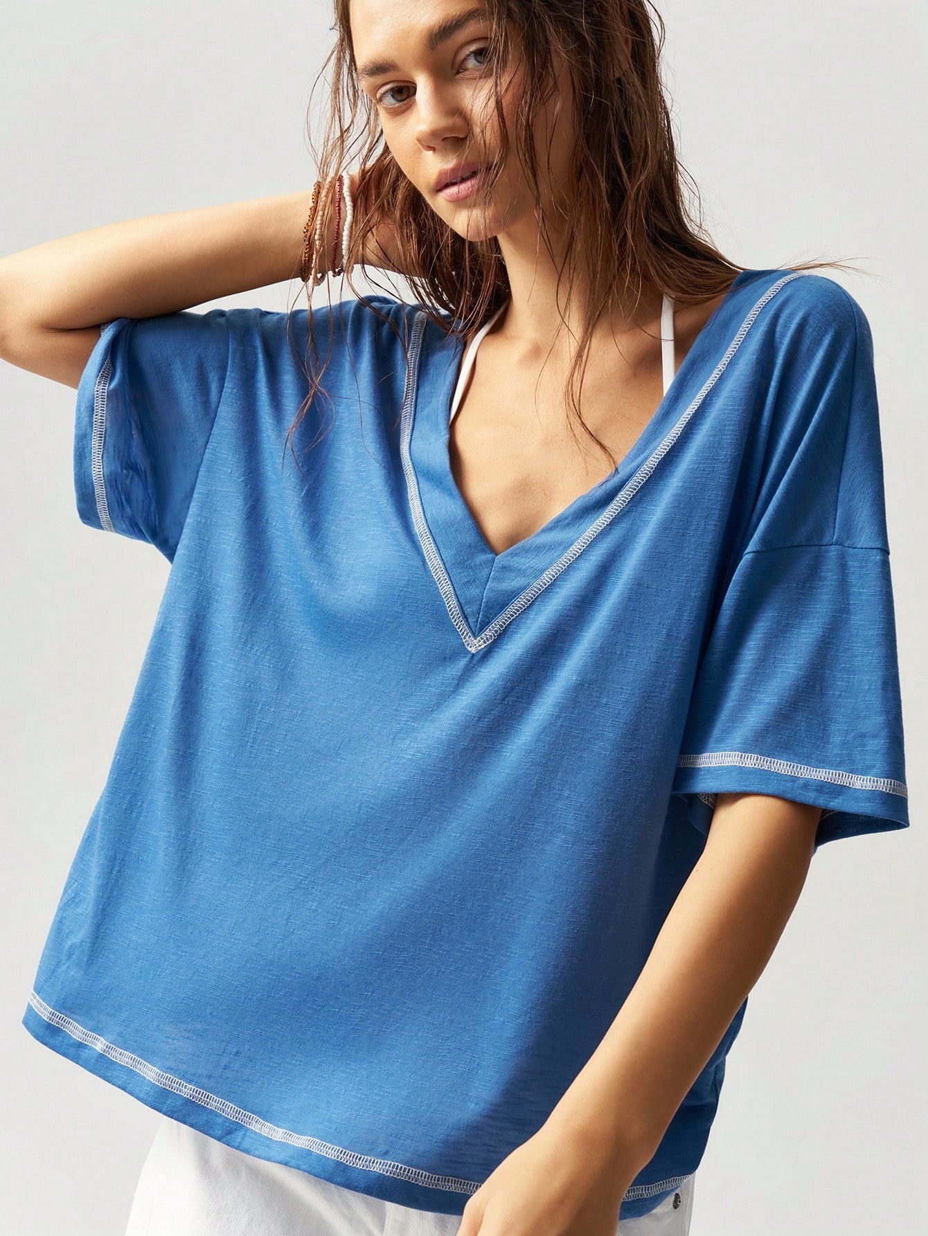 Bohemela Casual Business Casual Solid Color V-Neck Short Sleeve Loose Plus Size T-Shirt,Vintage Beach Vacation Light Blue Summer