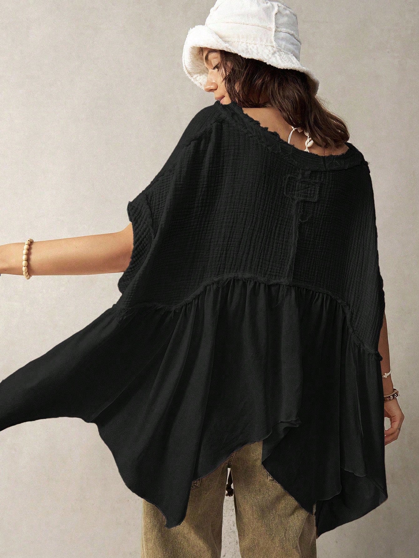 Bohemela Plus Size Women Casual Solid Color Batwing Sleeve Asymmetrical Hem Blouse,Vintage