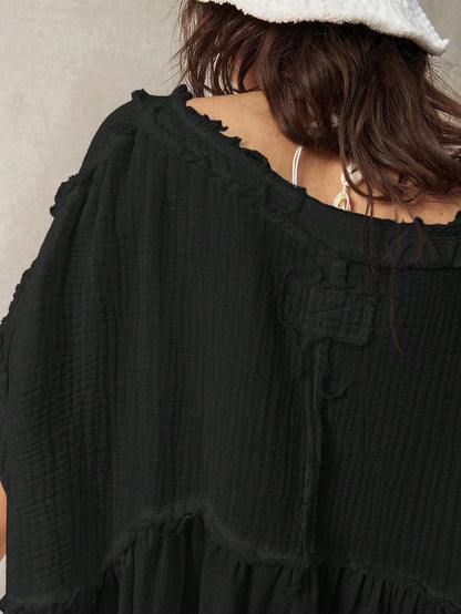 Bohemela Plus Size Women Casual Solid Color Batwing Sleeve Asymmetrical Hem Blouse,Vintage