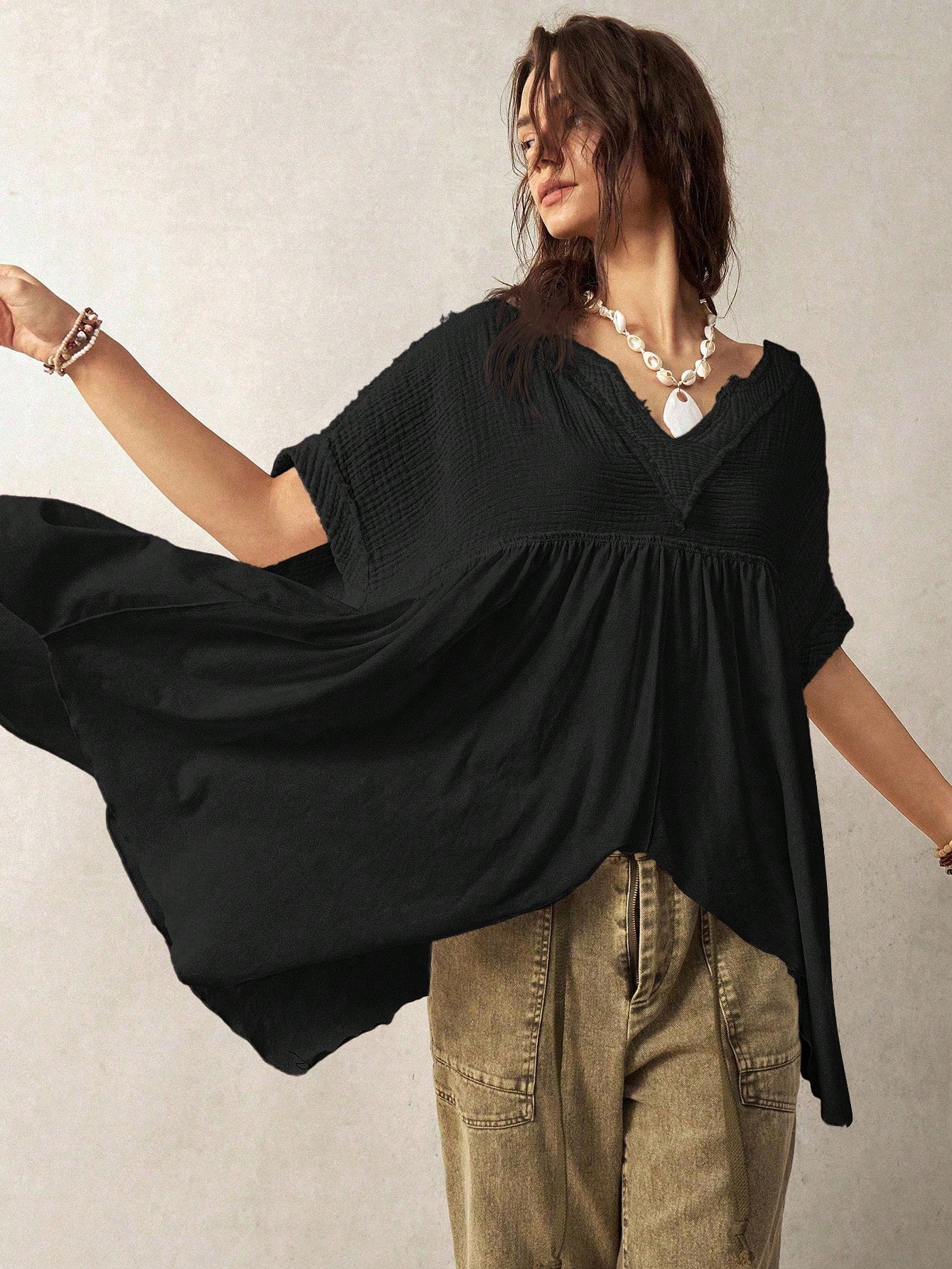 Bohemela Plus Size Women Casual Solid Color Batwing Sleeve Asymmetrical Hem Blouse,Vintage