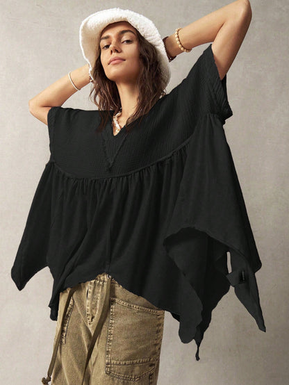 Bohemela Plus Size Women Casual Solid Color Batwing Sleeve Asymmetrical Hem Blouse,Vintage