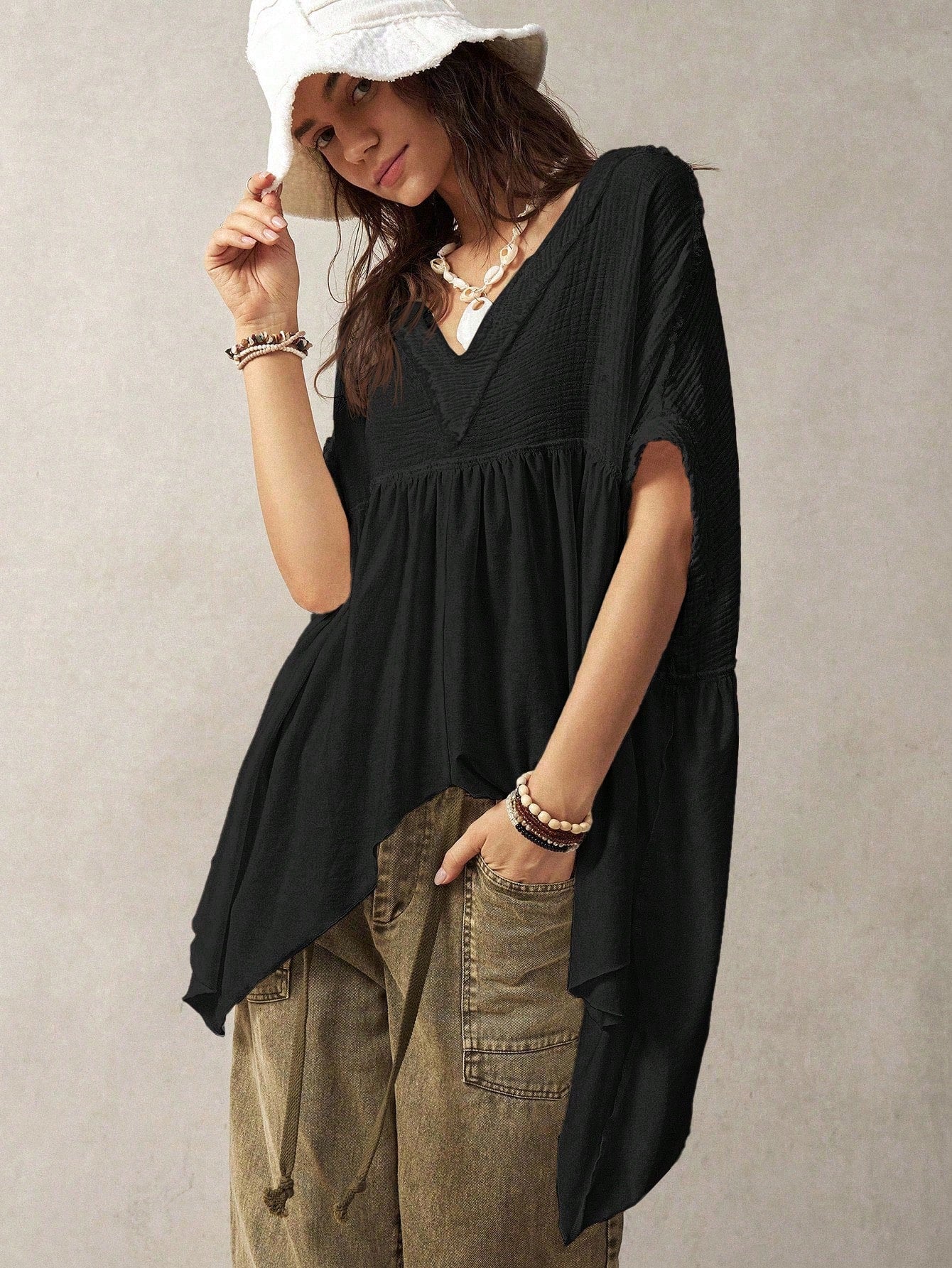 Bohemela Plus Size Women Casual Solid Color Batwing Sleeve Asymmetrical Hem Blouse,Vintage