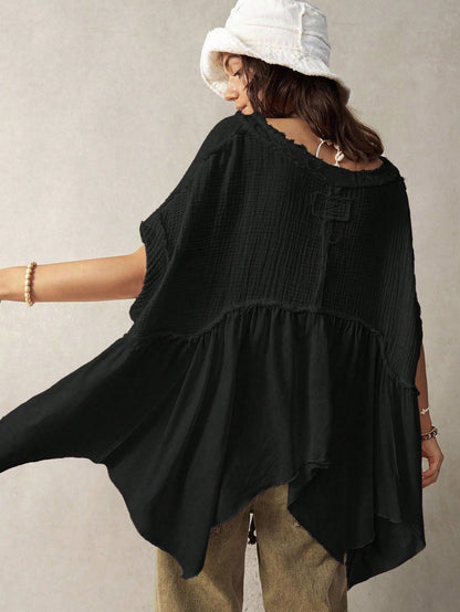 Bohemela Plus Size Women Casual Solid Color Batwing Sleeve Asymmetrical Hem Blouse,Vintage